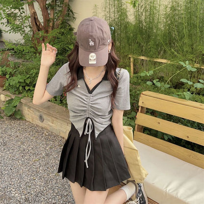 Two-Tone Drawstring Waist Cropped Short-Sleeved Polo