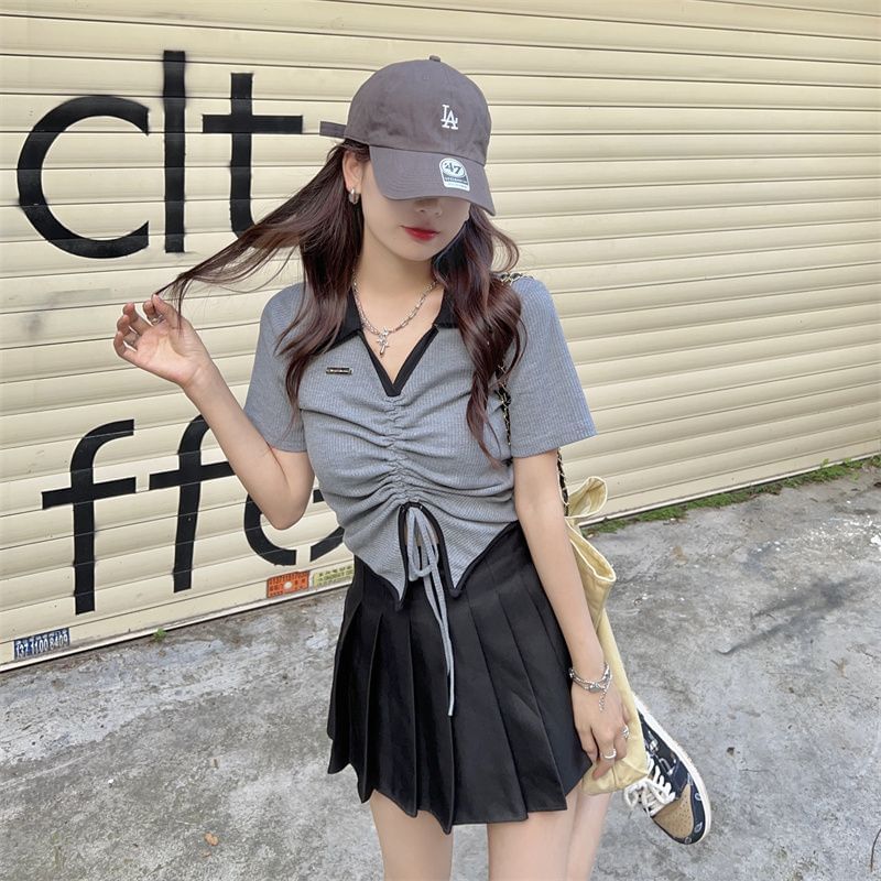 Two-Tone Drawstring Waist Cropped Short-Sleeved Polo
