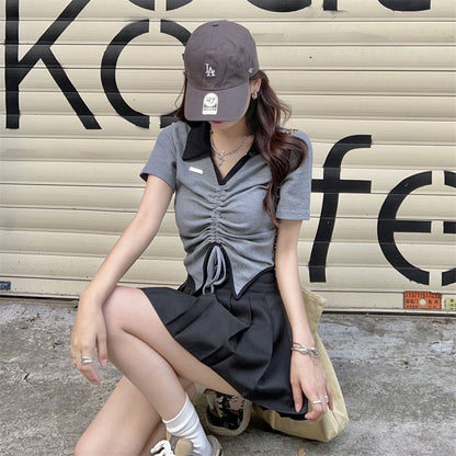Two-Tone Drawstring Waist Cropped Short-Sleeved Polo