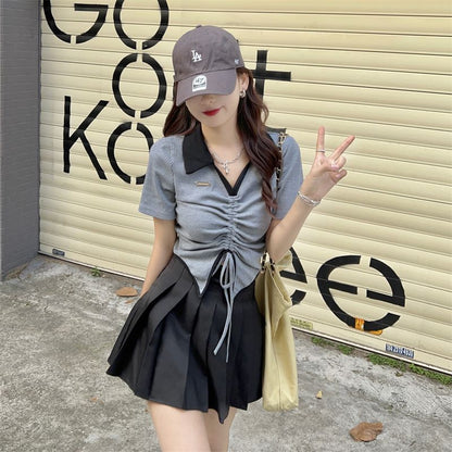 Two-Tone Drawstring Waist Cropped Short-Sleeved Polo
