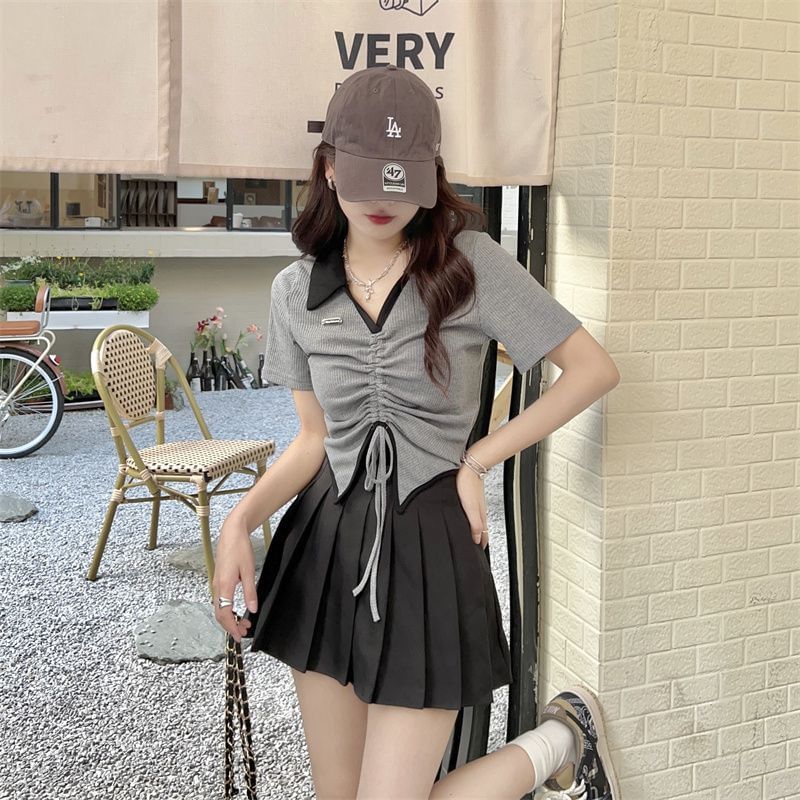 Two-Tone Drawstring Waist Cropped Short-Sleeved Polo