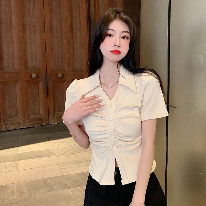 Plain Button-Up Short-Sleeved Shirt