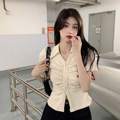 Plain Button-Up Short-Sleeved Shirt