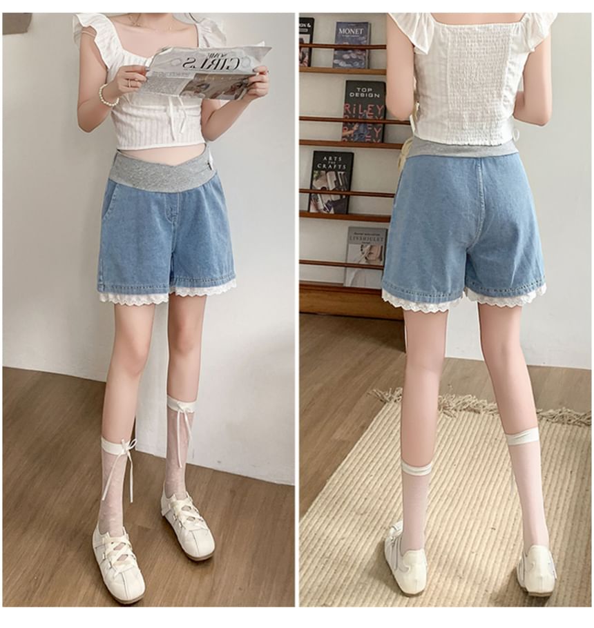 Maternity Lace Trim Denim Shorts