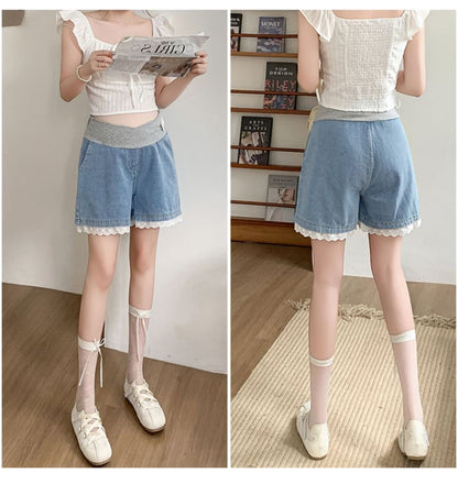 Maternity Lace Trim Denim Shorts
