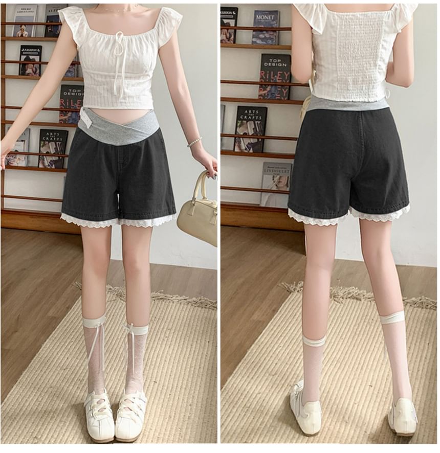 Maternity Lace Trim Denim Shorts
