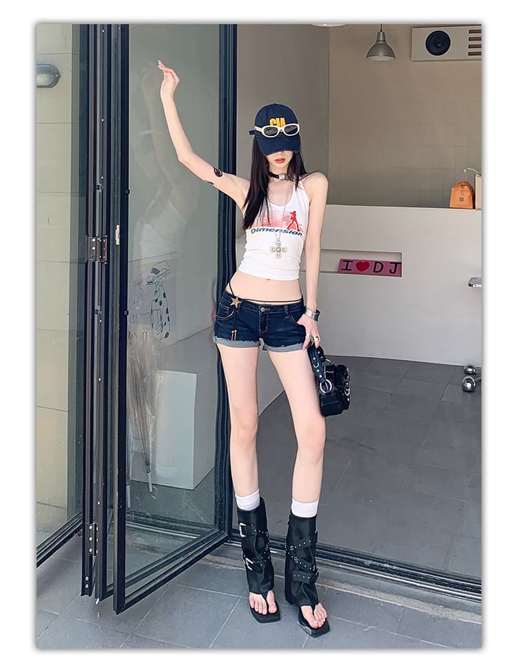 Low Rise Washed Frayed Denim Hot Pants