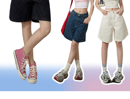 Mid Rise Washed Denim Wide Leg Shorts