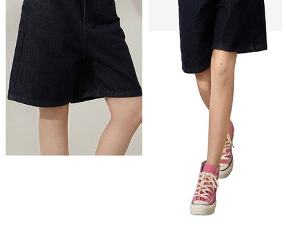 Mid Rise Washed Denim Wide Leg Shorts