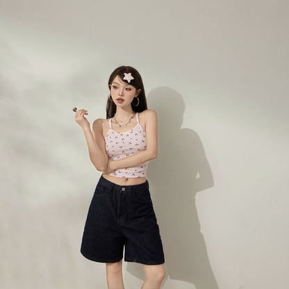 Mid Rise Washed Denim Wide Leg Shorts