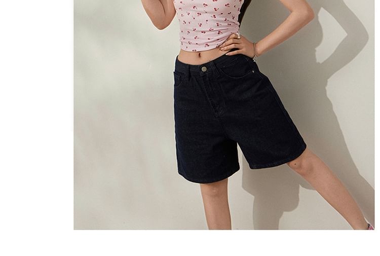 Mid Rise Washed Denim Wide Leg Shorts