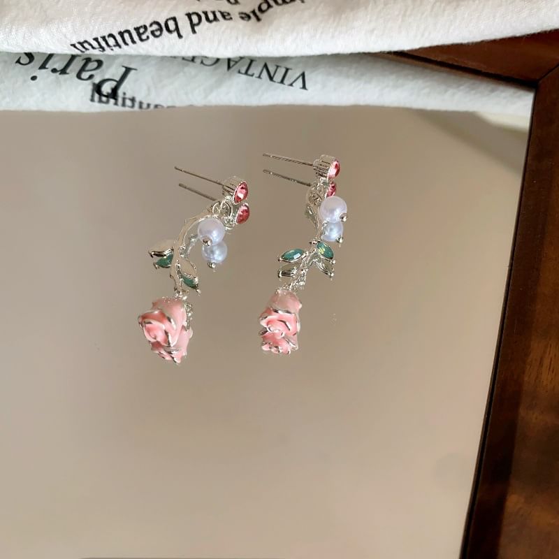 Pearl Faux Drop Flower CZ Earring