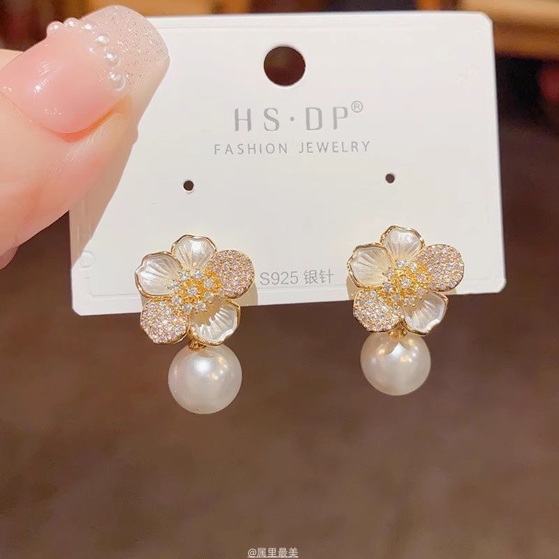 Faux CZ Pearl Flower Drop Earring