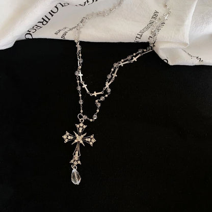 Cross Layered CZ Bead Pendant Necklace