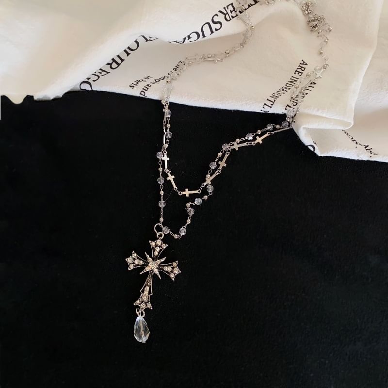 Cross Layered CZ Bead Pendant Necklace