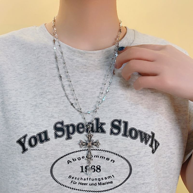 Cross Layered CZ Bead Pendant Necklace
