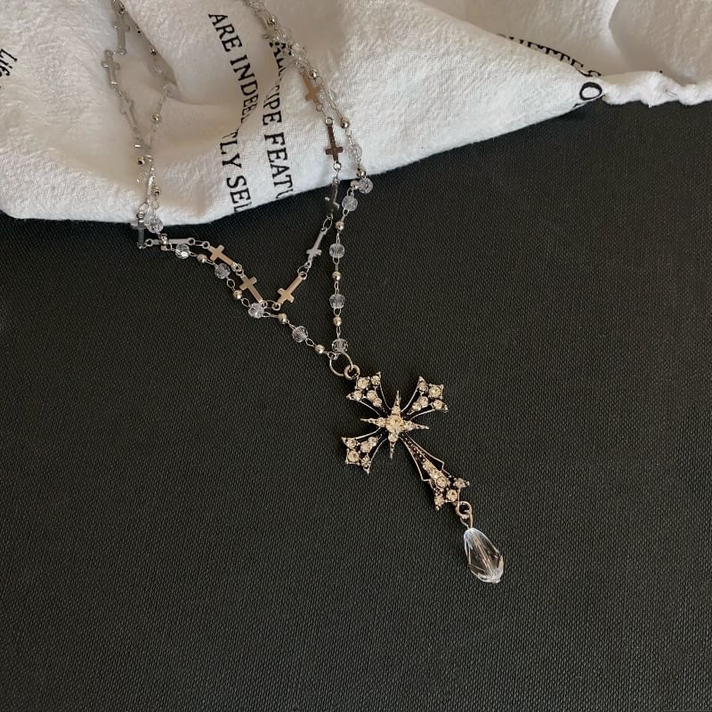 Cross Layered CZ Bead Pendant Necklace
