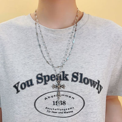 Cross Layered CZ Bead Pendant Necklace