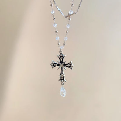 Cross Layered CZ Bead Pendant Necklace