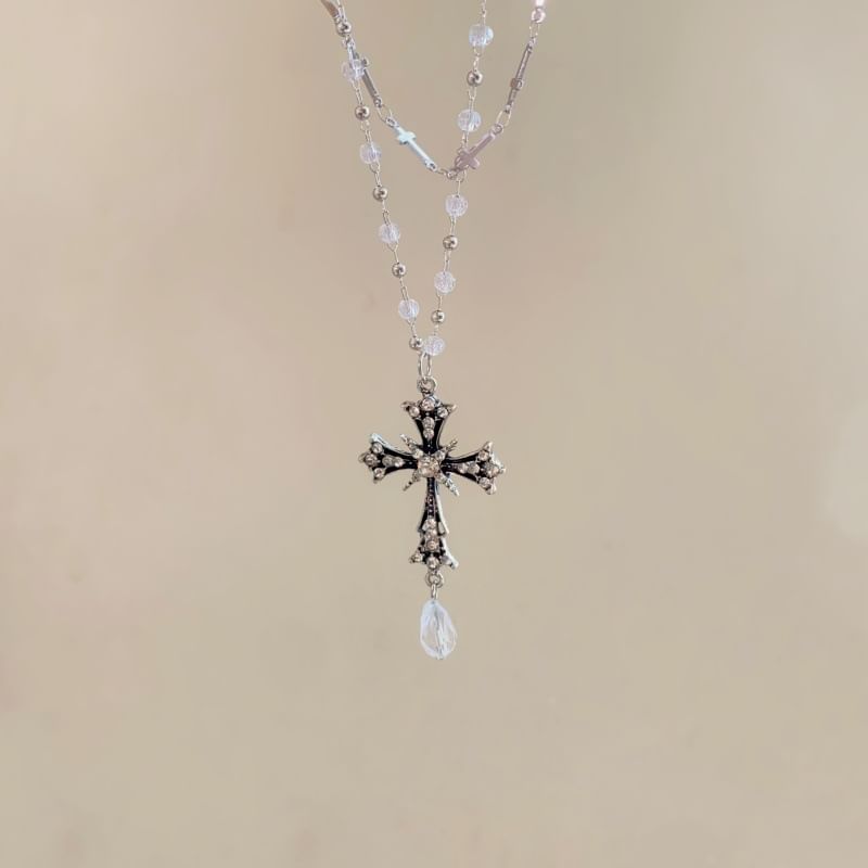 Cross Layered CZ Bead Pendant Necklace