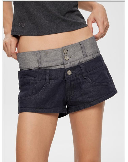 Low Rise Two Tone Denim Hot Pants