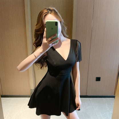 A-Line Mesh Dress Mini V-Neck Short-Sleeve