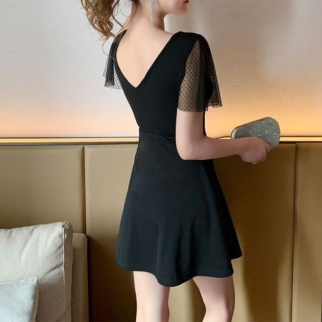 A-Line Mesh Dress Mini V-Neck Short-Sleeve