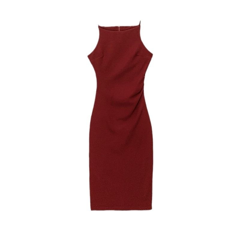 Dress Midi Sheath Plain Sleeveless