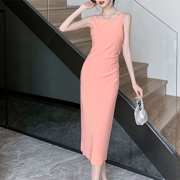 Dress Midi Sheath Plain Sleeveless