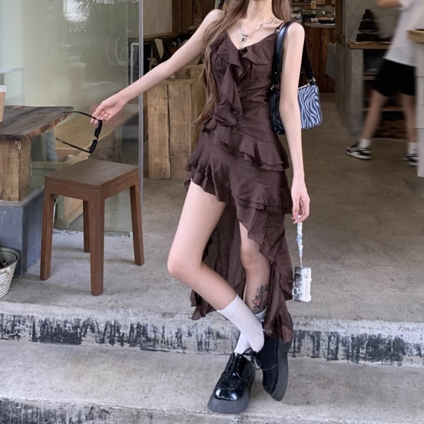 A-Line Asymmetrical Dress Sleeveless V-Neck