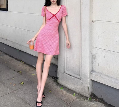 A-Line V-Neck Dotted Dress Short-Sleeve Mini