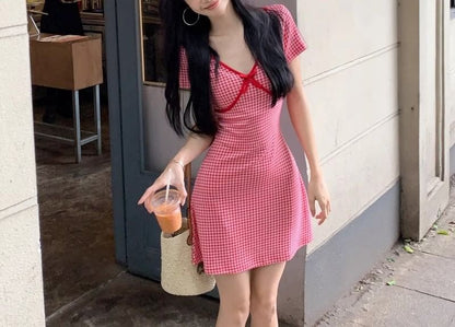 A-Line V-Neck Dotted Dress Short-Sleeve Mini