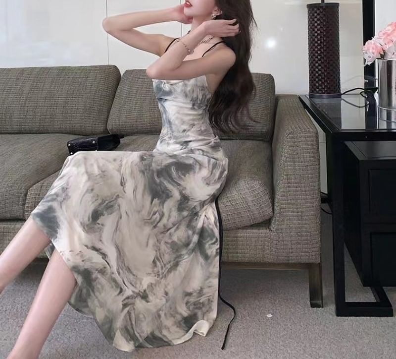 Maxi Strap A-Line Print Spaghetti Dress