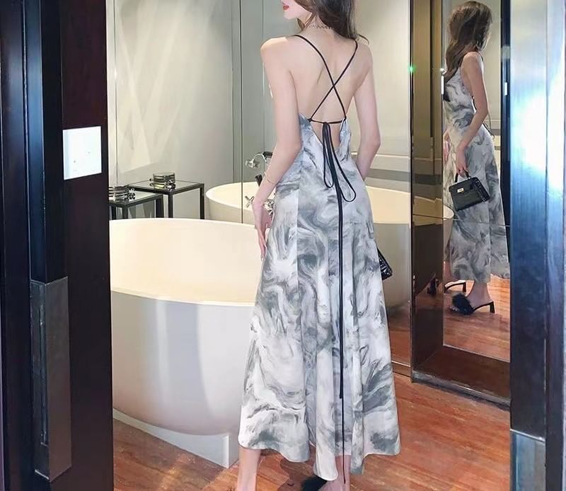 Maxi Strap A-Line Print Spaghetti Dress