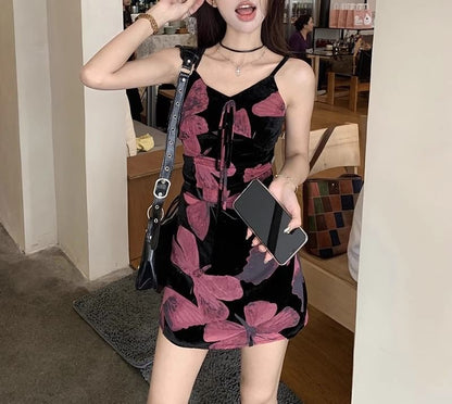 A-Line Dress Designs) (Various Strap Floral V-Neck Print Spaghetti