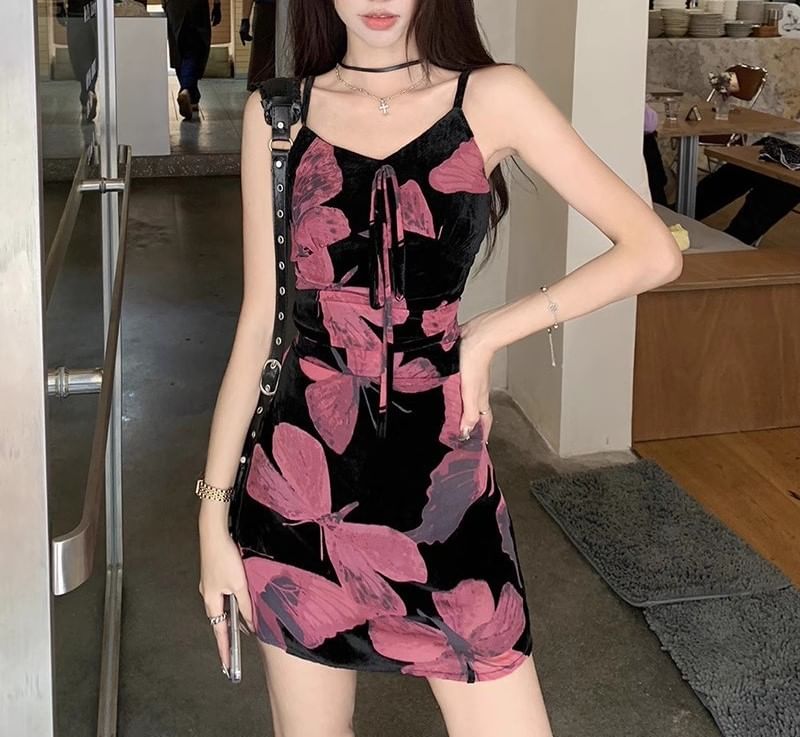 A-Line Dress Designs) (Various Strap Floral V-Neck Print Spaghetti