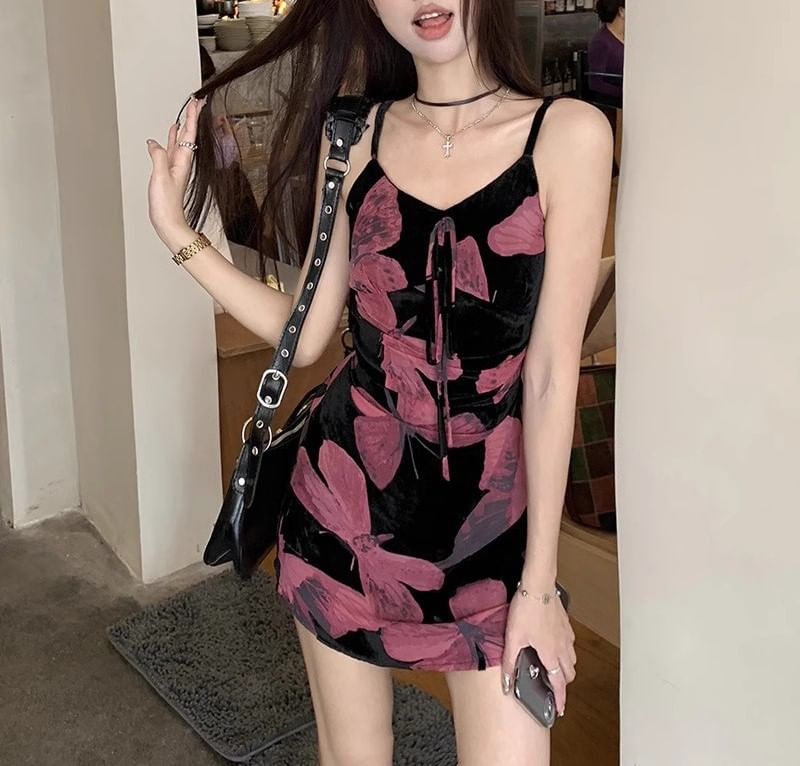 A-Line Dress Designs) (Various Strap Floral V-Neck Print Spaghetti