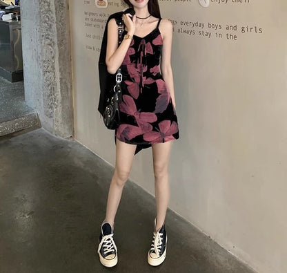 A-Line Dress Designs) (Various Strap Floral V-Neck Print Spaghetti