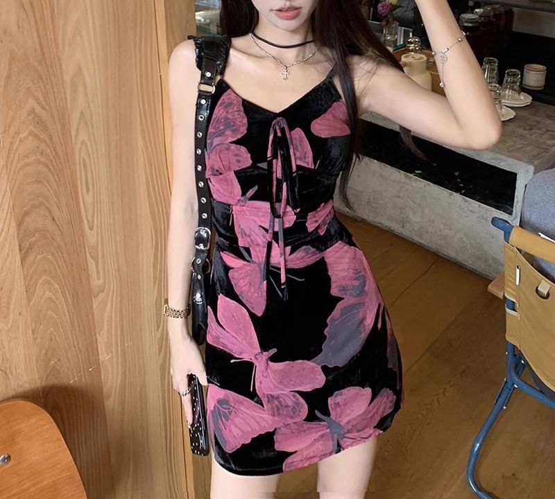 A-Line Dress Designs) (Various Strap Floral V-Neck Print Spaghetti