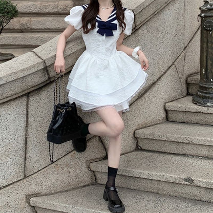 Short-Sleeve Dress A-Line Mini Collar Sailor