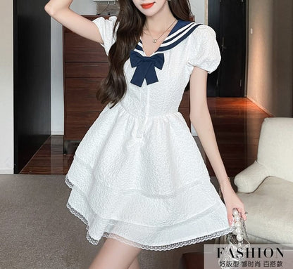 Short-Sleeve Dress A-Line Mini Collar Sailor