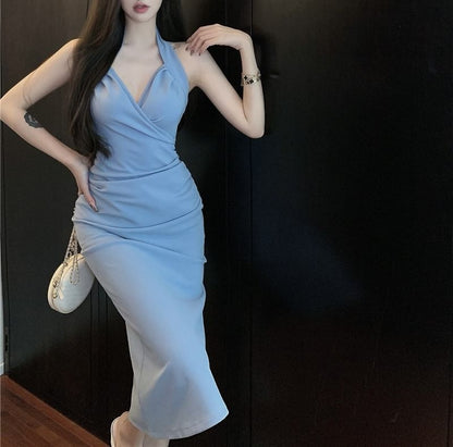 Sheath Neck Maxi Dress Halter Plain