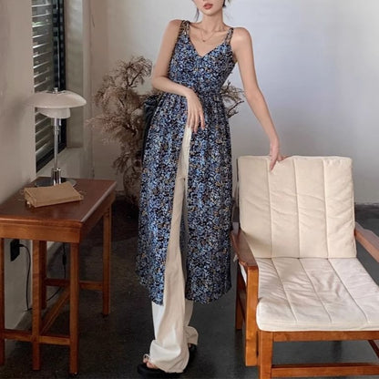 V-Neck Dress Print Floral Midi A-Line Sleeveless