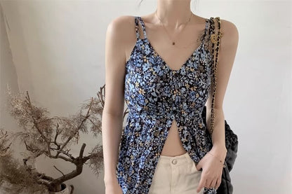 V-Neck Dress Print Floral Midi A-Line Sleeveless