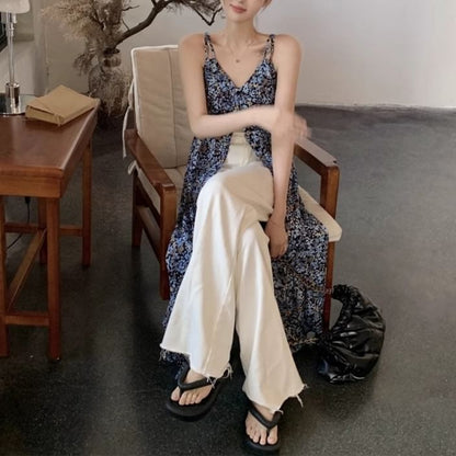 V-Neck Dress Print Floral Midi A-Line Sleeveless