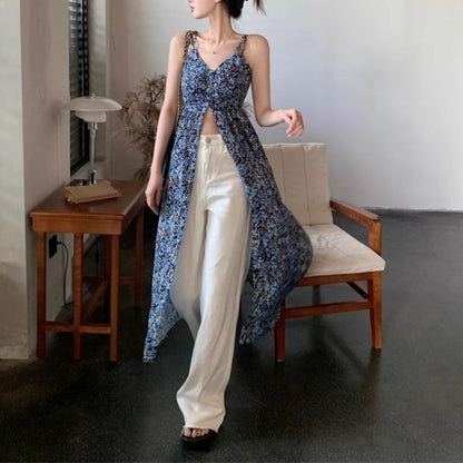 V-Neck Dress Print Floral Midi A-Line Sleeveless