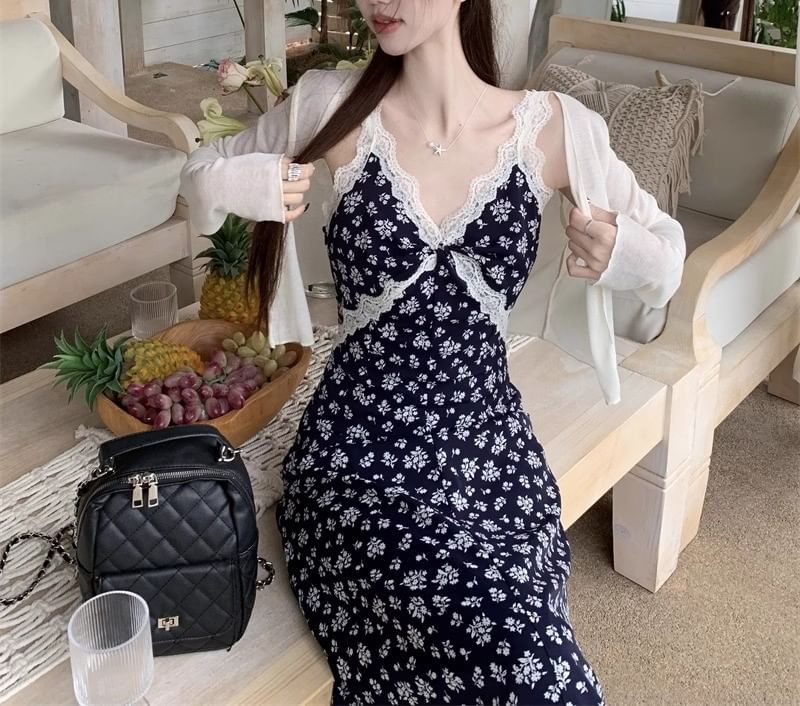 V-Neck Floral / Dress Sleeveless A-Line Cardigan Maxi Print