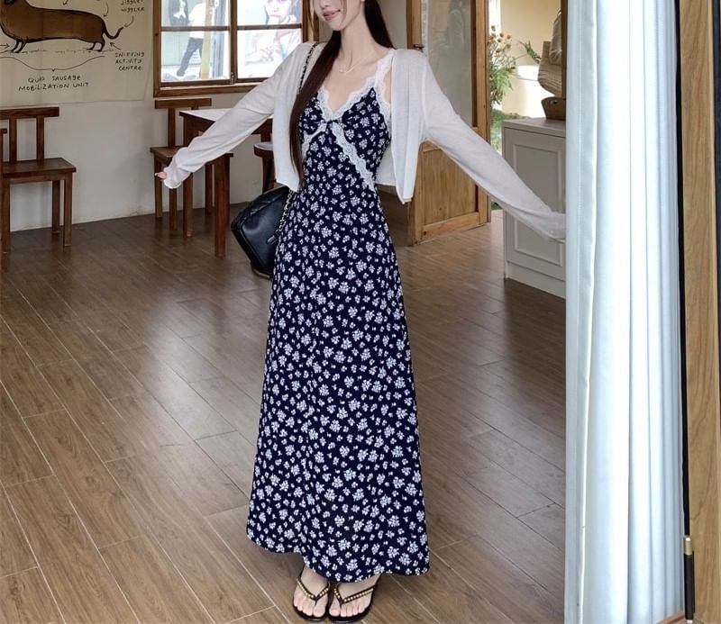 V-Neck Floral / Dress Sleeveless A-Line Cardigan Maxi Print