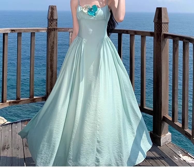 Strap Accent A-Line Floral Spaghetti Maxi Dress