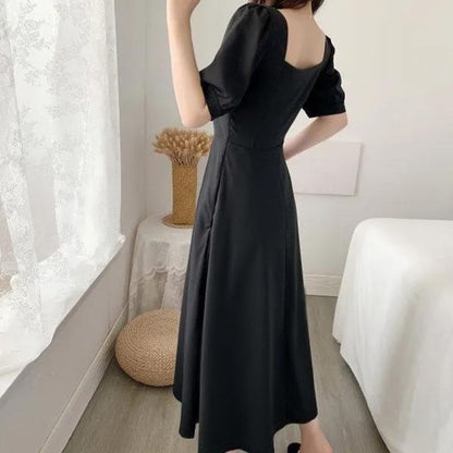 A-Line Neck Square Maxi Plain Short-Sleeve Dress